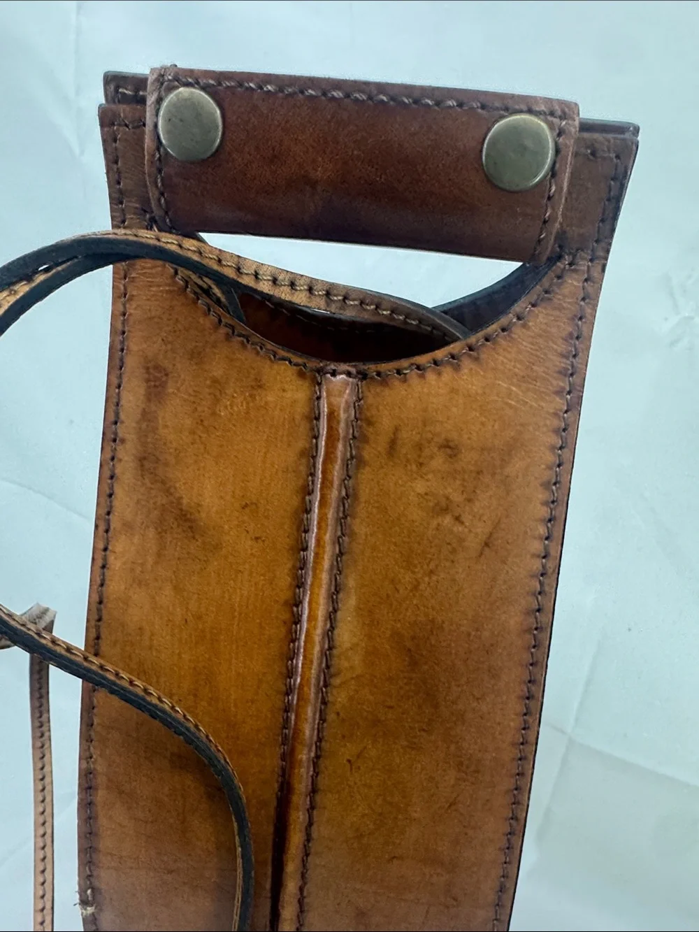 Cognac Brown Handcrafted Leather Wine Carrier Bag, Snap Handle Strap, Gift Tote